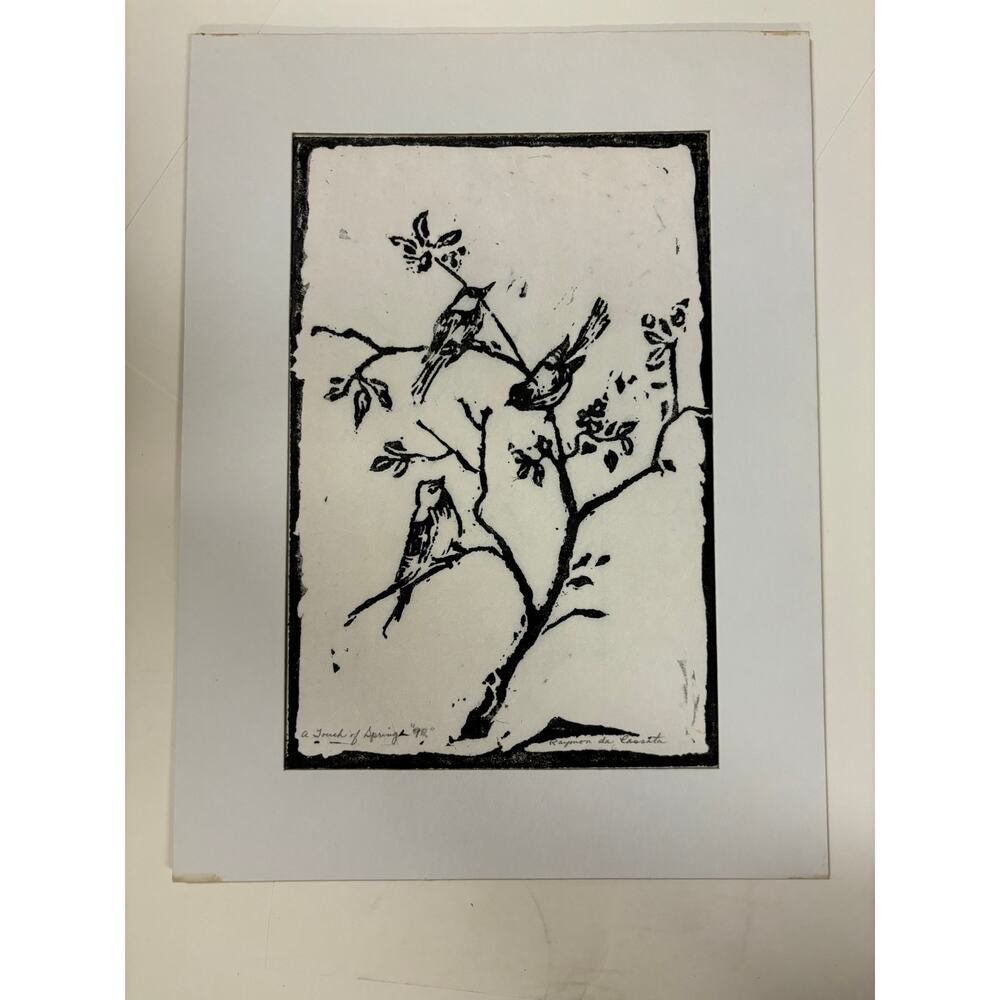 Vintage mid century linoleum block print art birds nature